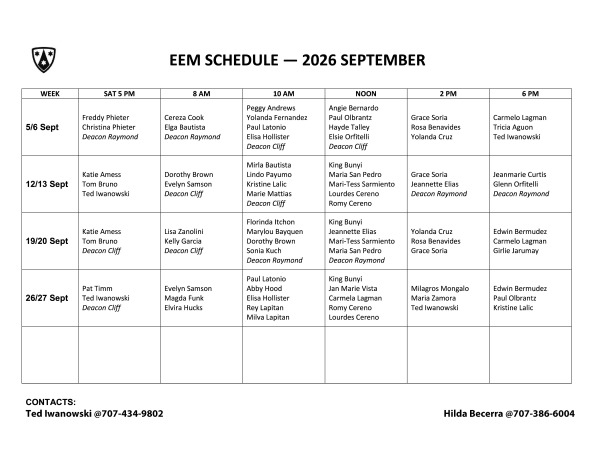 September 2026 - Eucharistic Ministry Schedule