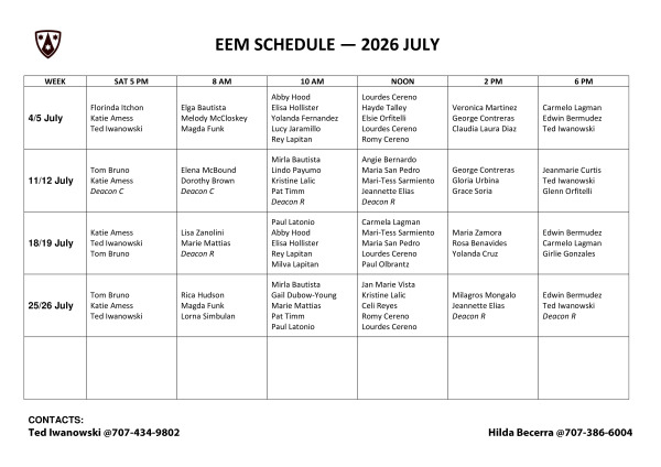 Eucharistic Minister July 2026 Schedule