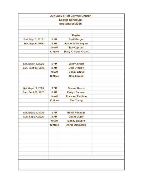 Lector Schedule - September 2026