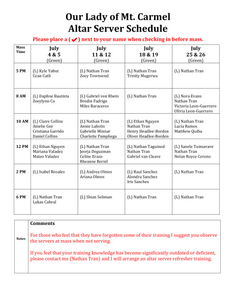 Altar Server July 2026 Schedule