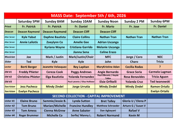 September 2026 MInistry Mass Schedule